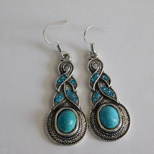 Women Tibetan Silver Turquoise Rhinestone Crystal
